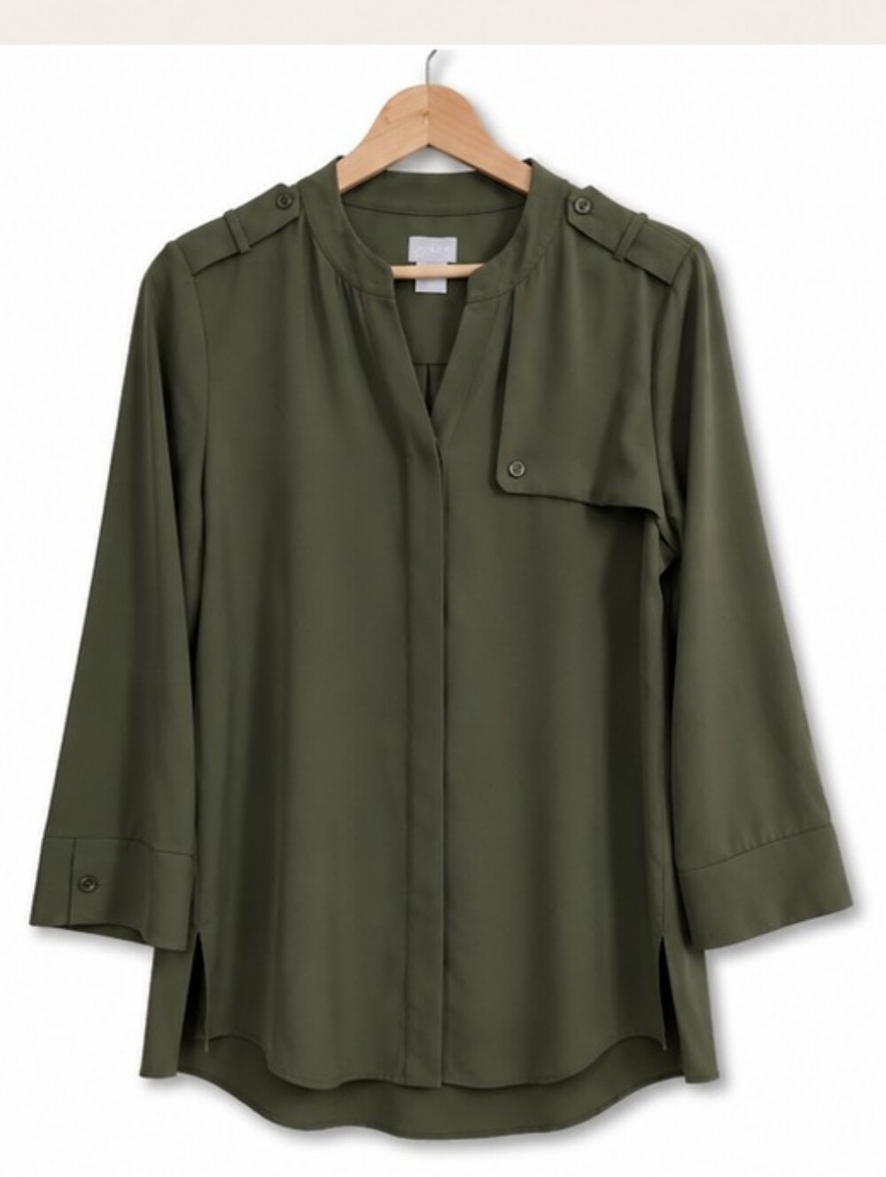 Chico's Olive Green Military Utility Cropped Sleeves Blouse Size 1 Medium